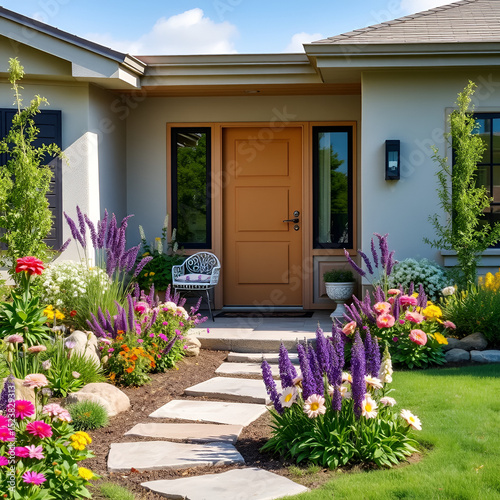 Summer Landscape backyard garden flower Contemporary Home with door photo