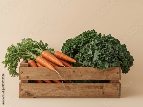 Freshly Harvested Carrots and Kale in a Wooden Crate, A Healthy and Delicious Bounty.