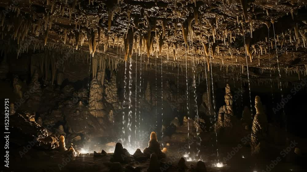 Mystical Glistening: A Dark Cave Interior with Striking Stalactites and Water Flowing