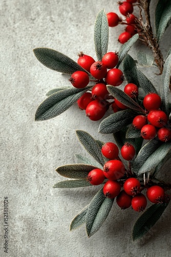 Vibrant contrast of fir branches and mistletoe leaves adorned with red berries