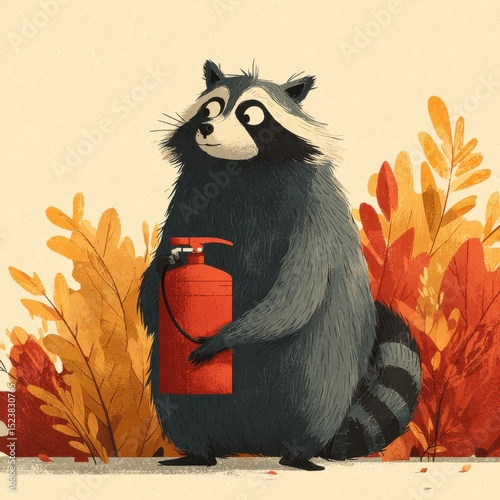 Raccoon stands guard with fire extinguisher amidst vibrant autumn foliage