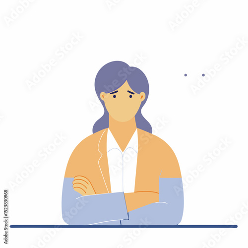 Worried Businesswoman with Arms Crossed, Reflecting Pensive Thoughts and Mental Health Concerns in a Professional Setting
