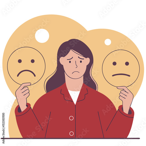 Woman Exhibiting Symptoms of Bipolar Disorder and Headaches, Displaying Sadness and Emotional Instability with Two Frowning Emoticons.

