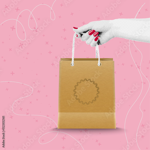 Female hand holding paper shopping bag isolated on pink
background. 3d fashion collage in magazine style. Modern art. Trendy creative design