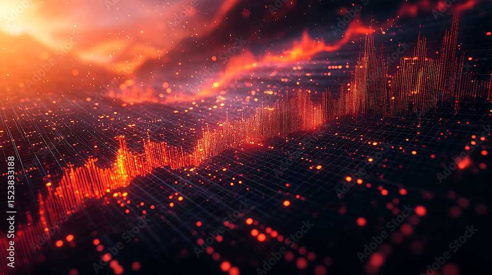 Naklejka premium Digital financial chart in orange glowing particles with grid and cloudscape data representation for business