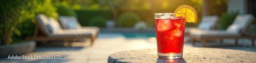 Refreshing icy drink on a sunny patio table, summer heat radiating off the stone, perfect for a cool-down , icy cold, cool background, garden