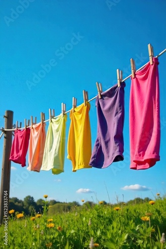 Colorful clothes pinned to a rustic wooden clothesline against a bright blue sky, gently swaying in the breeze Perfect for laundry, summer, spring, fresh air, outdoor, nature themes , pure, idyllic