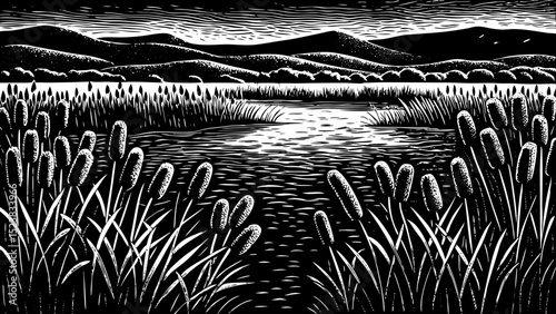 Black and white sketch vector of a riverside marsh with cattails and distant mountains