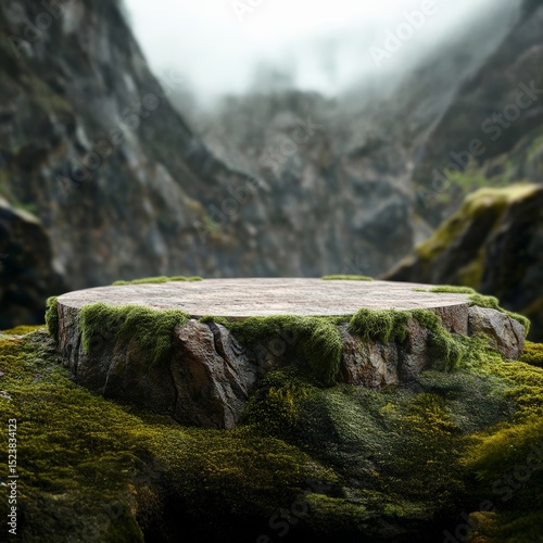 Moss-Covered Tree Stump Pedestal in a Misty Valley