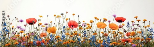 Colorful wildflower meadow with poppies, daisies, and mixed blossoms in full bloom against a clean white background Generative AI