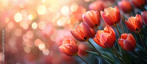 Red tulips glowing in golden sunset light with floating particles and dreamy bokeh background in a vibrant spring garden scene Generative AI