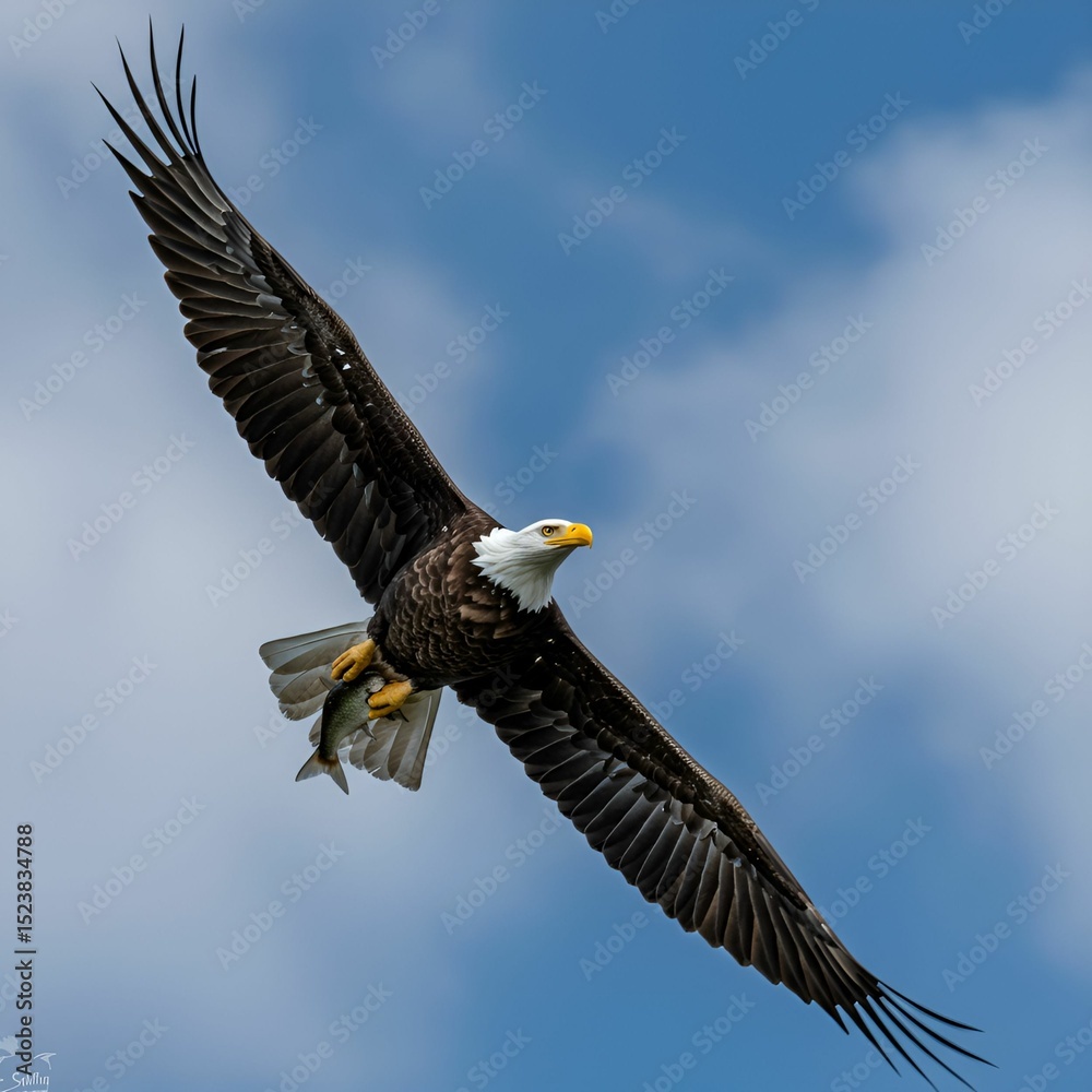 Fototapeta premium Bald Eagle with Fish Gliding Through Sky