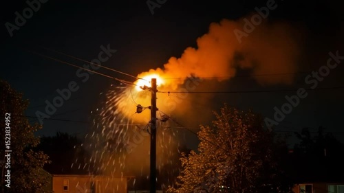 Electrical Pole Fire at Night Sparks and Smoke billowing from power lines during a electrical short circuit