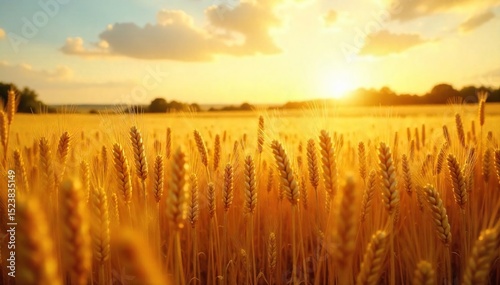 Golden year, abundant harvest, ripe wheat field shimmering under the sun's warm glow, nature's bounty, rich colors, agricultural landscape , sunlight, agricultural, abundance