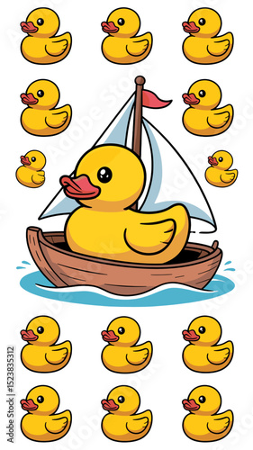Cute Rubber Duck on a Sailboat with Matching Yellow Rubber Ducks – Vector Art Set 