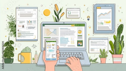 Digital marketer using laptop and smartphone for email marketing, sending newsletters and analyzing campaign performance to engage subscribers with personalized content