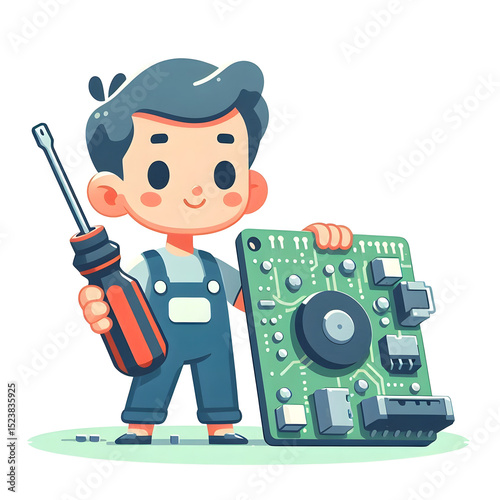 a cartoon technician holding a screwdriver and checking a circuit board, clean white background.

