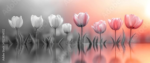 Row of white and pink tulips with soft reflections on water and a dreamy gradient background blending black and white with warm tones Generative AI