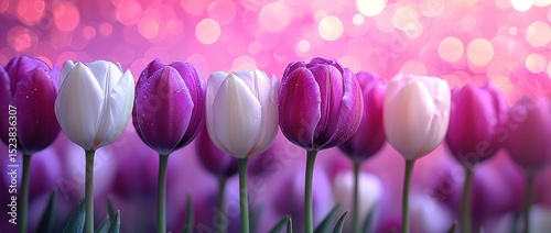 White and purple tulips in full bloom with water droplets against a dreamy pink bokeh background in a vibrant springtime scene Generative AI