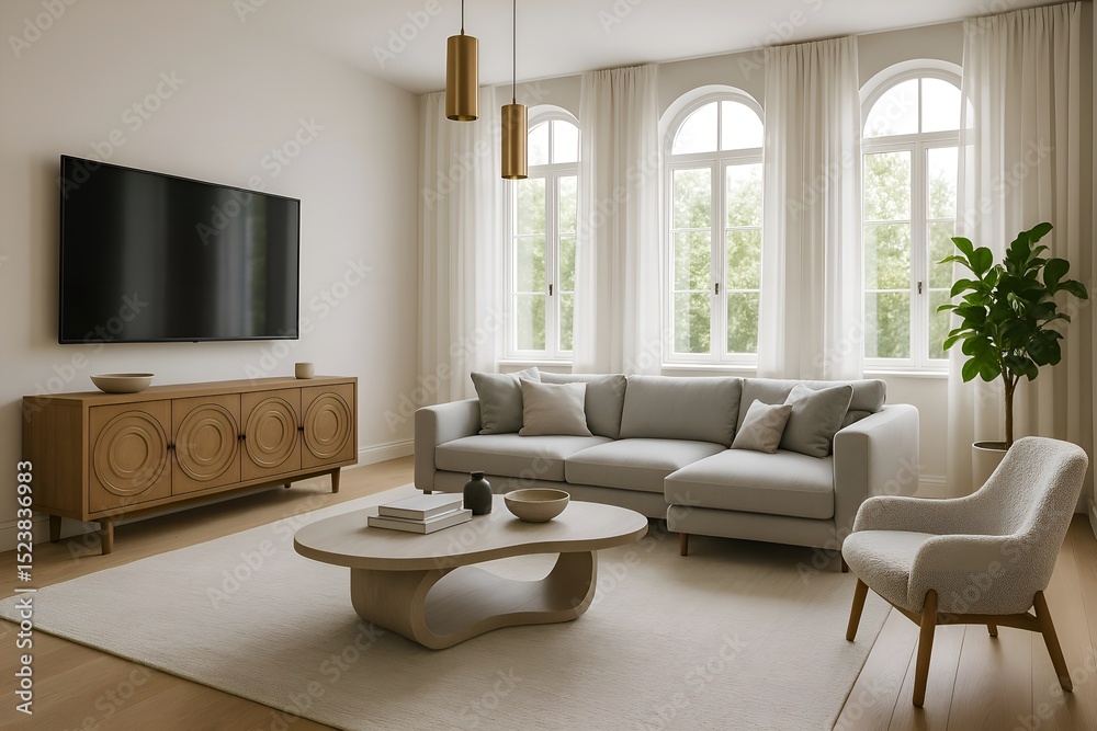 Fototapeta premium Modern Living Room with Arched Windows, Gray Sectional Sofa, and Gold Pendant Lights