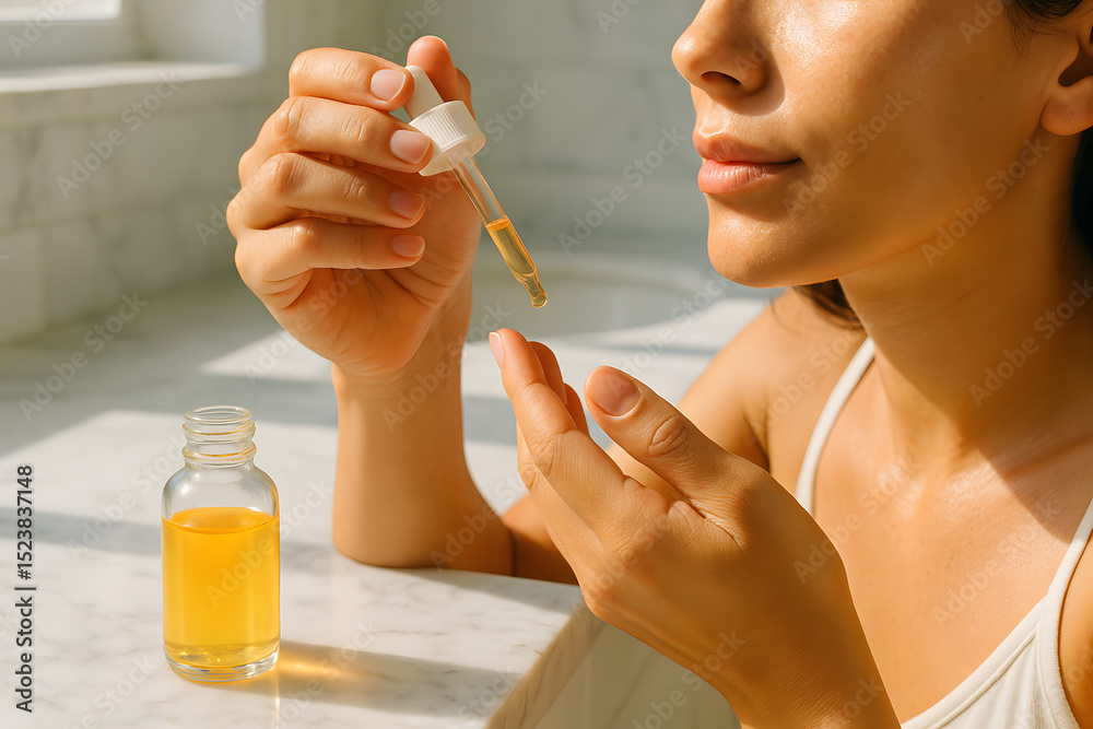 Fototapeta premium Young woman applying skincare oil in bright bathroom during summer skincare 