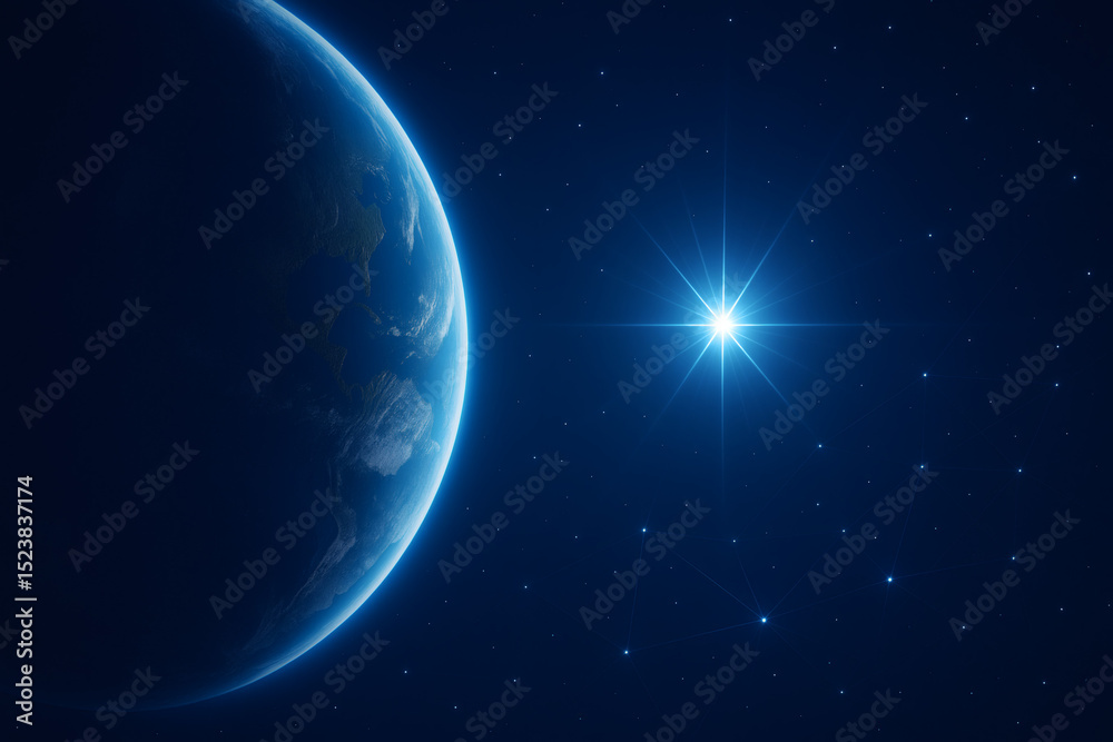 Fototapeta premium Part of a planet with a bright star in space.