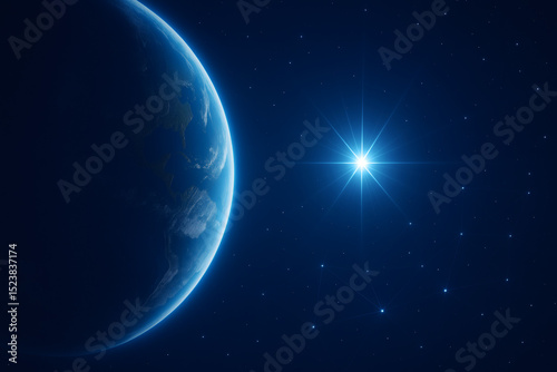 Part of a planet with a bright star in space. photo
