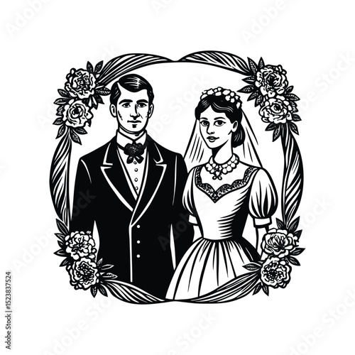 Romantic vintage wedding couple illustrations in detailed hand-drawn engraving style. Elegant black and white bride and groom artwork perfect for classical wedding invitations and timeless romantic.	