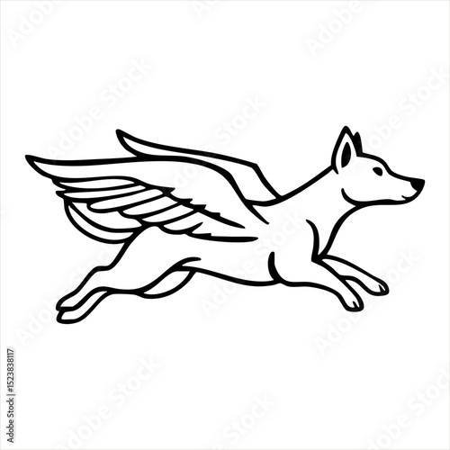 A graceful black outline of a winged dog in mid-flight, symbolizing freedom, speed, and imagination in a minimalist style