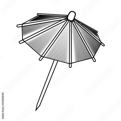 Cocktail umbrella hand drawn vector illustration in sketch style. Summer decoration for drinks line art. Retro engraving black and white.
