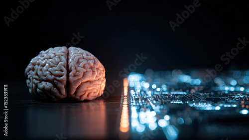 A human brain model opposite a glowing circuit board, symbol of ethics vs automation, 