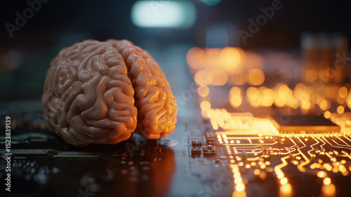 A human brain model opposite a glowing circuit board, symbol of ethics vs automation