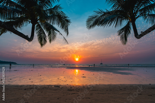 Fototapeta Naklejka Na Ścianę i Meble -  paradise beach with turquoise water, wooden pier and tropical palm trees, summer holidays in Thailand, Koh Kood