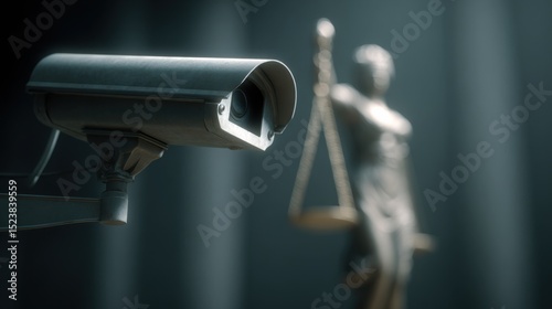 A surveillance camera lens facing a blindfolded scale, metaphor for privacy vs justice