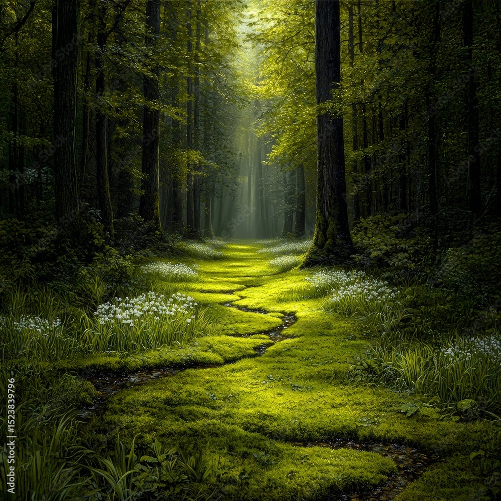 Obraz premium Magical Forest Path with Moss and Light Rays