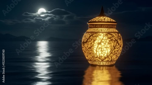 Golden Ornamental Lantern On Water Under Moonlight