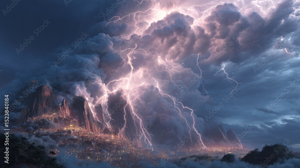 Fototapeta premium Intense lightning strikes through dramatic clouds during powerful thunderstorm