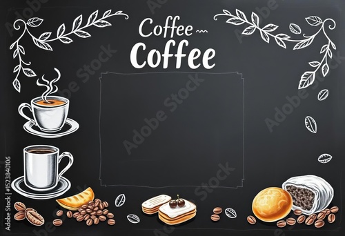 Vintage chalkboard coffee menu with hand-drawn coffee cups, pastries, and beans,  food,  dark