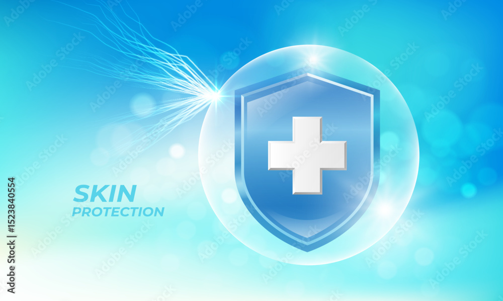 Obraz premium Skin Protection. Light shield The screen protects the sun from UV rays. Advertising symbol icon. Sunscreen, skin care, lotion, medical. Realistic vector file