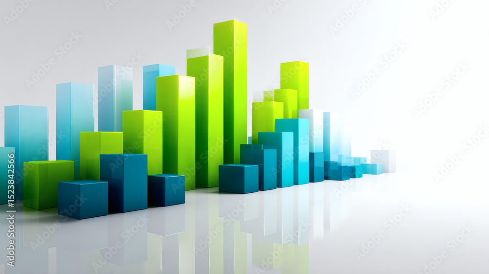 Fototapeta premium A colorful 3D bar graph with blue and green bars on a white reflective background, representing data visualization or business analytics.