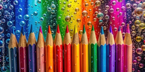 Colorful pencils, paint splatters, and bouncing bubbles: a vibrant art supplies background.