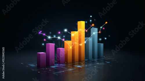 A colorful 3D bar chart with glowing data points and connecting lines, representing analytics and digital statistics on a dark background.