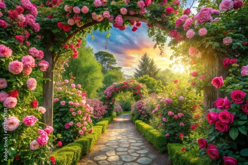 Wallpaper Mural Conceptual photography: AI-generated image of a path winding through a pink rose garden. Torontodigital.ca