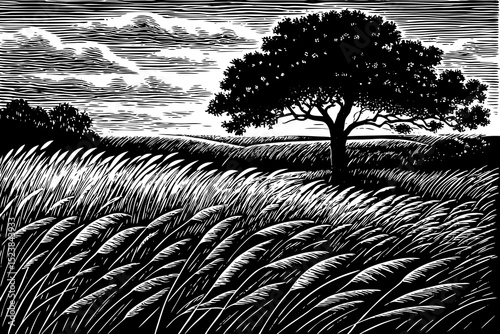 Black and white sketch vector of a prairie sunset with long grasses and a lone tree