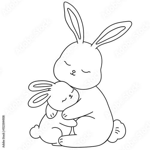 Cute hand drawn Rabbit and baby cuddling mother's day illustration