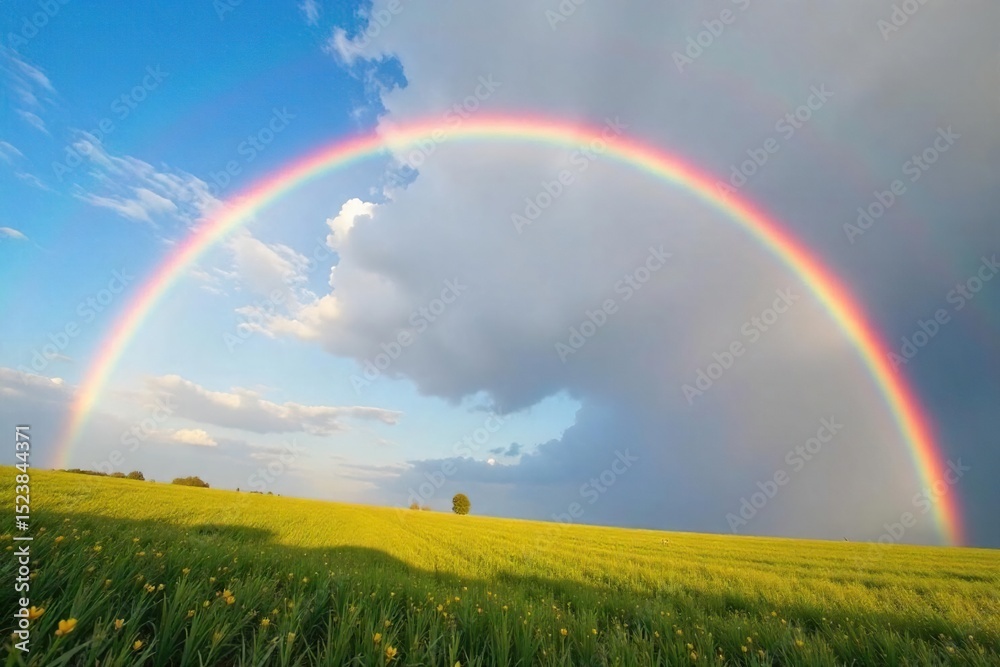 Naklejka premium A vibrant arc of color streaks across a clear sky, a breathtaking rainbow seemingly in flight, defying gravity with ethereal beauty , optical, phenomenon, ethereal