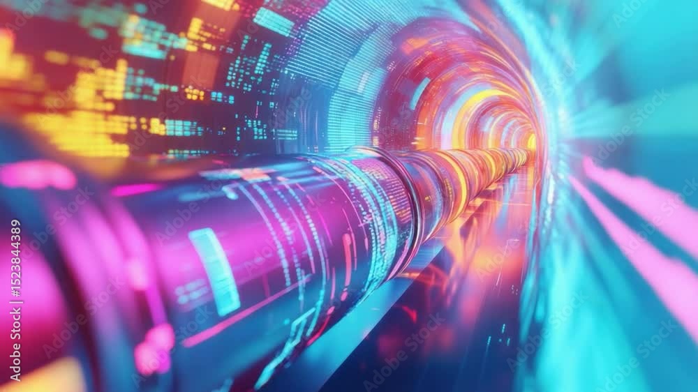 Digital Data Tunnel: Futuristic visual of a digital data tunnel with neon lights, showcasing the fast lane of modern technology.