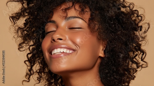 Black woman with curly afro hair, eyes closed, smiling gently against beige background, showing loose flowing hair around face, natural makeup, radiant skin glow, photo taken from above angle.