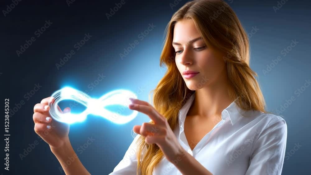 Young woman touches a glowing infinity symbol made of blue energy Young woman touches a glowing infinity symbol made of blue energy