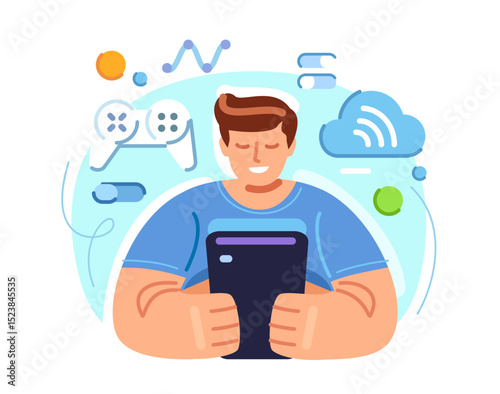 Young guy playing online game on smartphone. Professional mobile gaming concept
